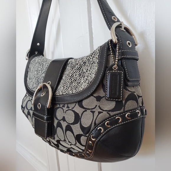 Rare Coach - Black and grey tweed and leather signature satchel shoulder bag - Picture 2 of 4